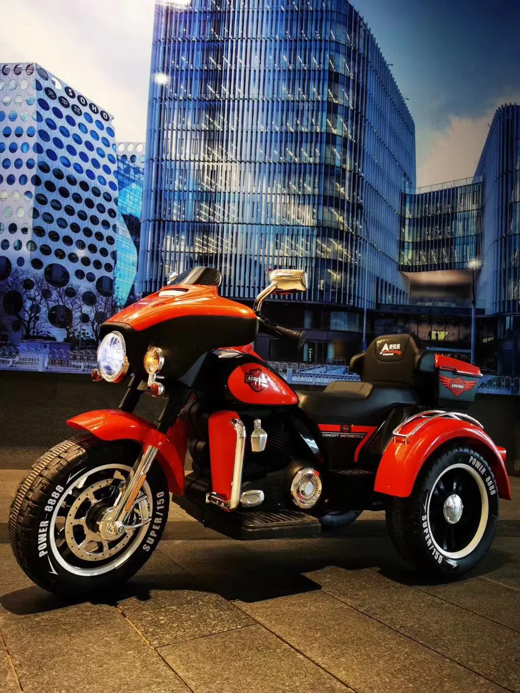 12V Children Ride on Motorcycle with Battery 3 Wheel Big Size Kids B/O Toy Car with Key