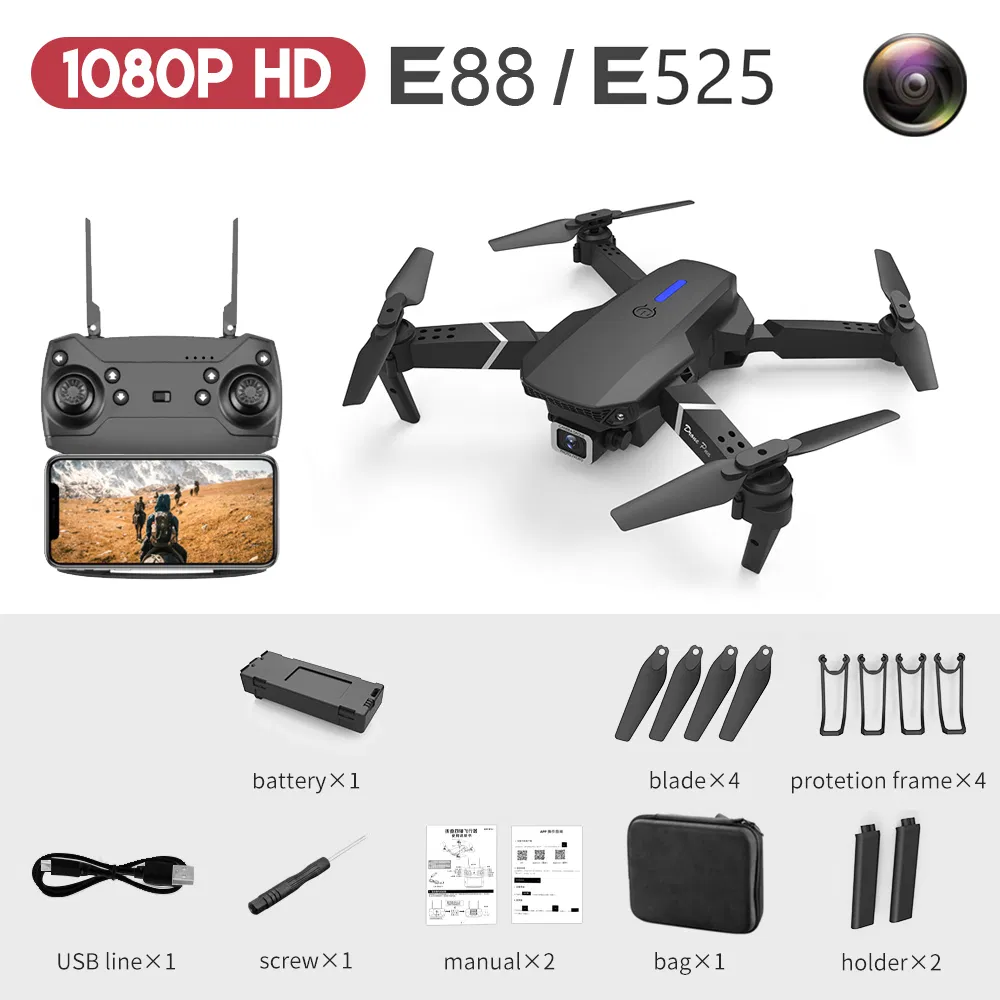 2.4G 4-Channel LED RC Quadcopter Remote Control Mini Drone for Kids with CE (E88-Black 1080P)