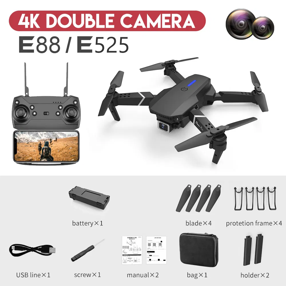 2.4G 4-Channel LED RC Quadcopter Remote Control Mini Drone for Kids with CE (E88-Black 4K Double)