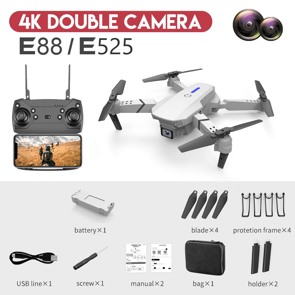 2.4G 4-Channel LED RC Quadcopter Remote Control Mini Drone for Kids with CE (E88-White 4K Double)
