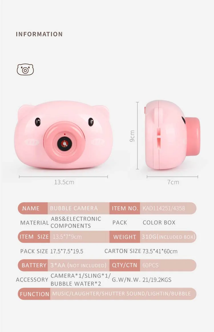 2020 Hot Selling Pink Pig Plastic Electric Kids Camera Soap Water Blowing Maker Machine Bubble Toys