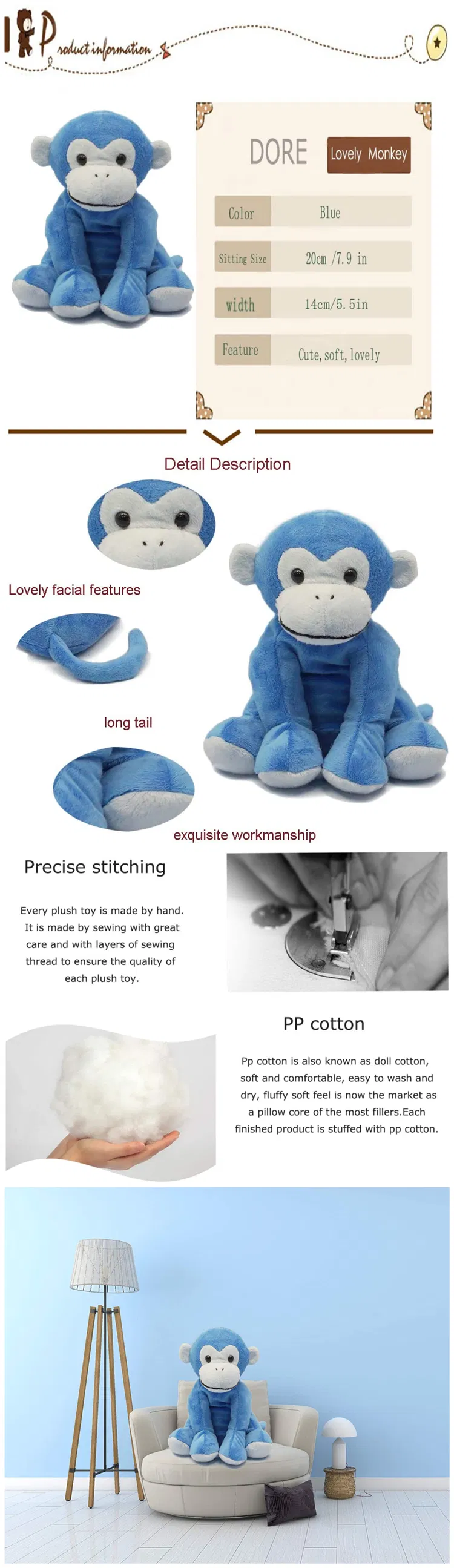 Blue Novel Sitting Animal Stuffed Plush Soft Monkey Kids Toy