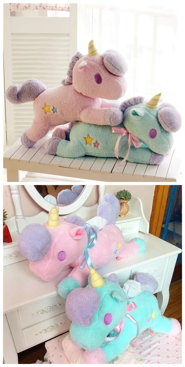 Ce Certificated Stuffed Unicorn Animal Lying Down Creative Tissue Box Toy Home Decoration Toy