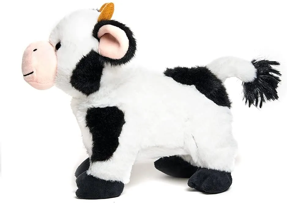 Cuddle Barn - Barnyard Buddies Cow Animated Singing Cow Plush Stuffed Animal Walks and Wags Tail to Old Macdonald, 8 Inches