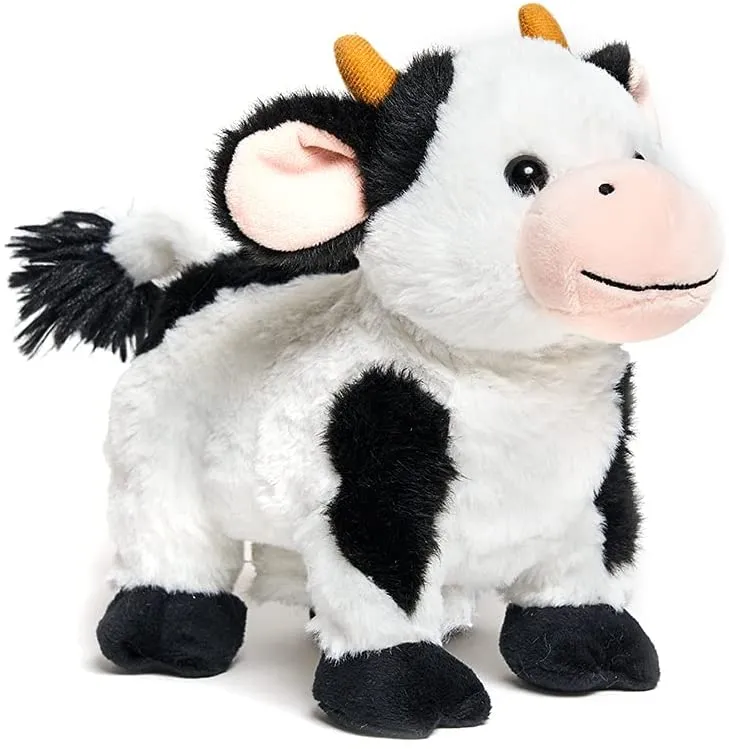Cuddle Barn - Barnyard Buddies Cow Animated Singing Cow Plush Stuffed Animal Walks and Wags Tail to Old Macdonald, 8 Inches