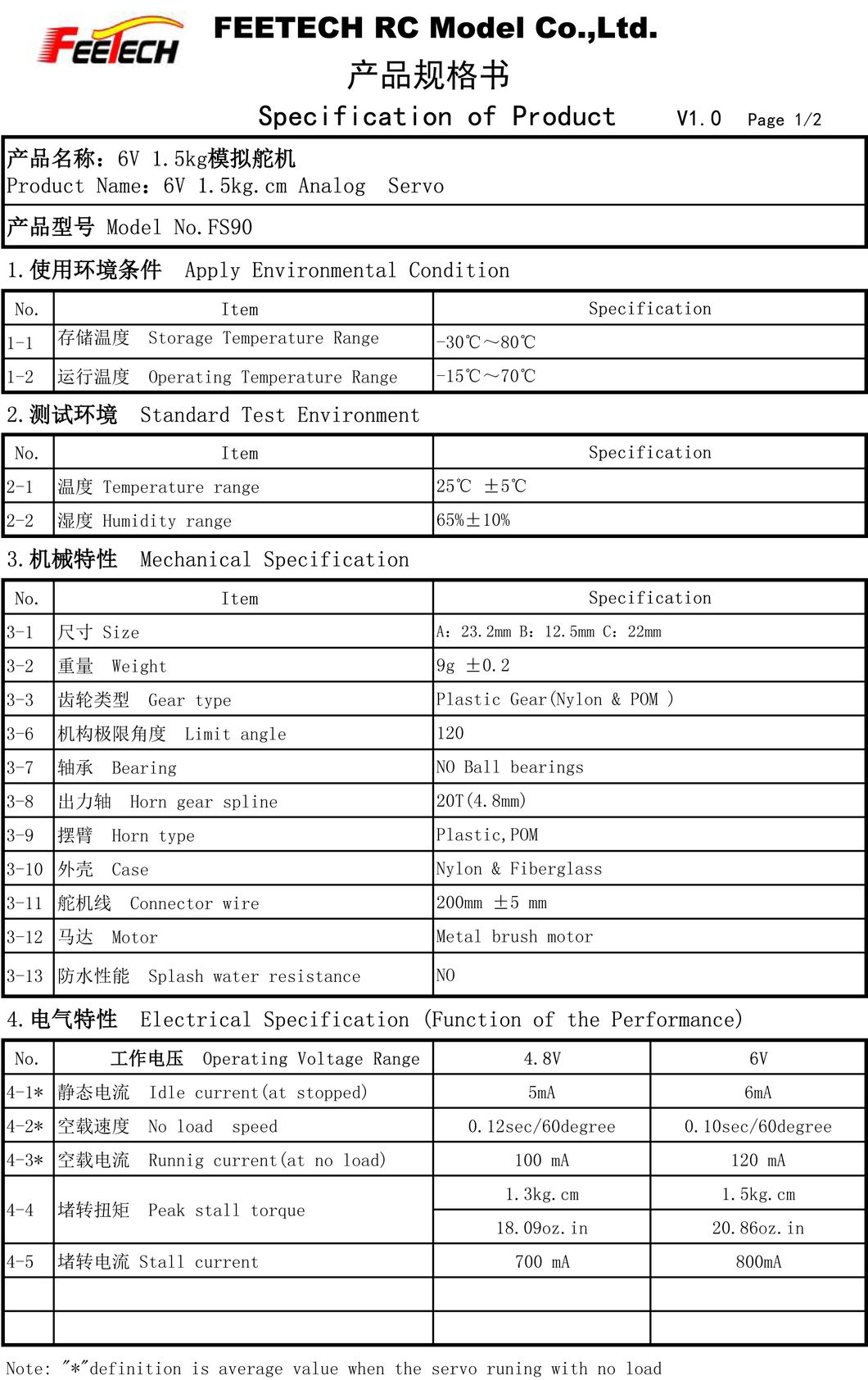 Feetech Analog Plastic Gears 9g Micro 180 Degrees Rotation Servo