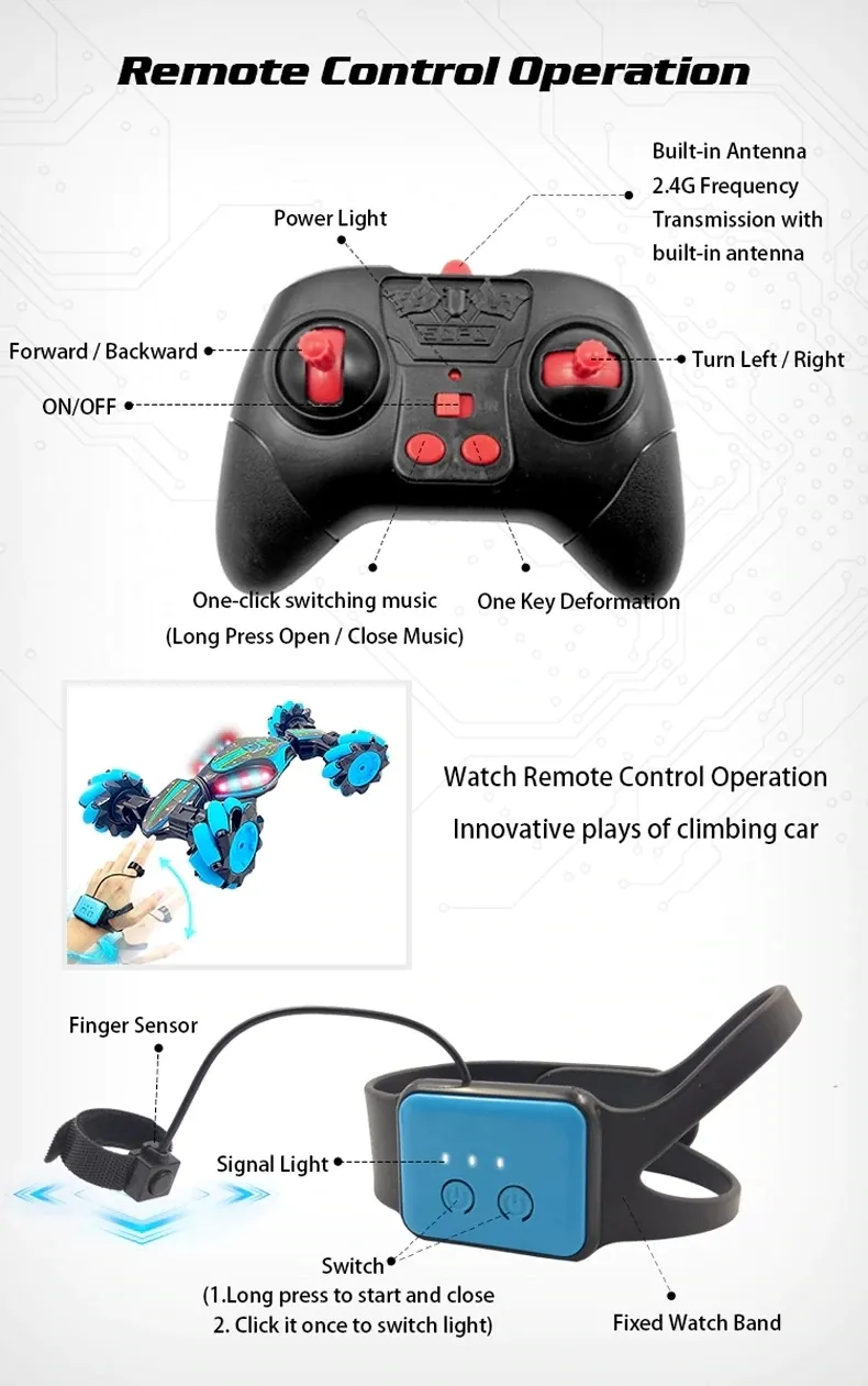 High Speed 2.4GHz Remote Control Stunt Double Side Drift Hand Control Car Toys for Kids