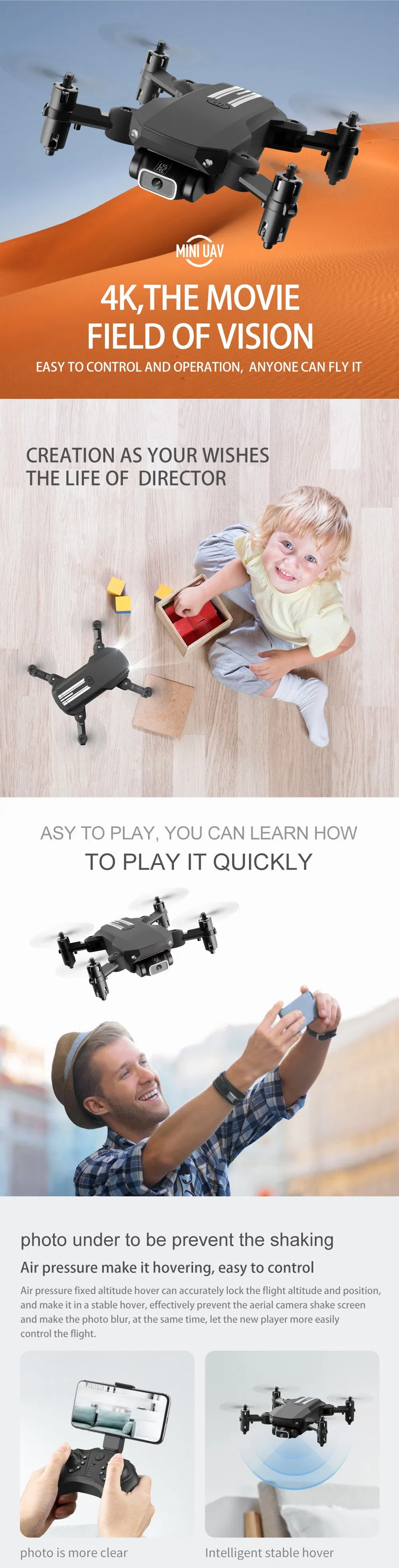 Mini WiFi Fpv with 0.3MP/5.0/4kmp HD Camera Altitude Hold Mode Foldable Quadcopter RTF RC Drone for Kids with CE (MINI-Black-1080P-box)