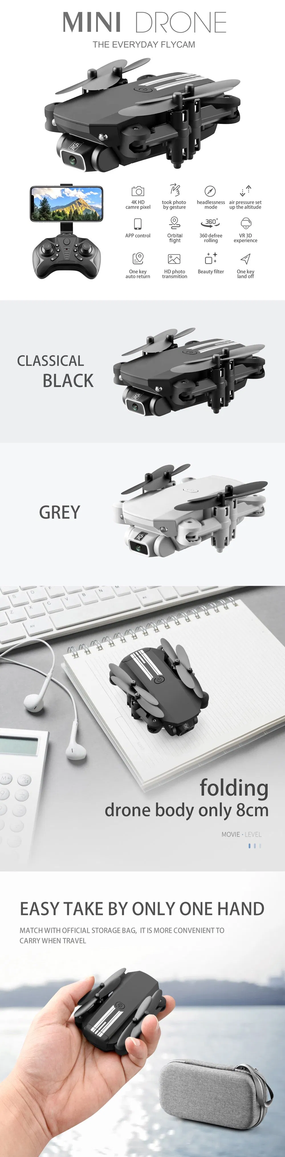 Mini WiFi Fpv with 0.3MP/5.0/4kmp HD Camera Altitude Hold Mode Foldable Quadcopter RTF RC Drone for Kids with CE (MINI-Black-480P-box)