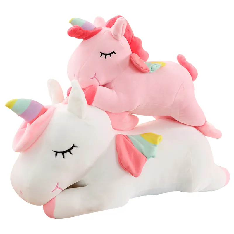 Pink White Rainbow Unicorn Soft Toy with Wings Lying on Front Stuffed Unicorn Plush Toy