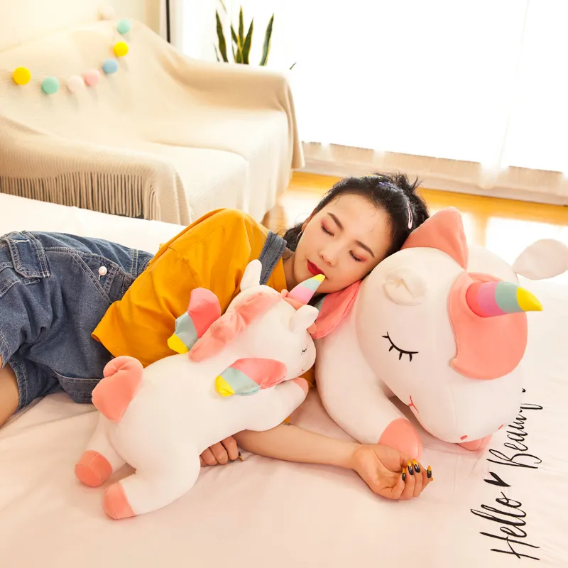 Pink White Rainbow Unicorn Soft Toy with Wings Lying on Front Stuffed Unicorn Plush Toy