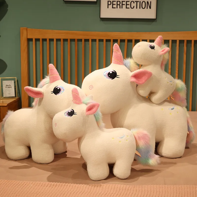 Pink White Rainbow Unicorn Soft Toy with Wings Lying on Front Stuffed Unicorn Plush Toy