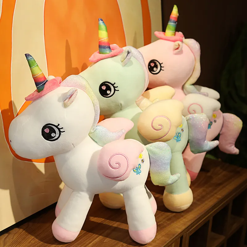 Pink White Rainbow Unicorn Soft Toy with Wings Lying on Front Stuffed Unicorn Plush Toy
