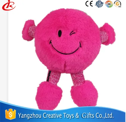 Red Angora Fabric Round Shape Smiley Plush Toy with Embroidery and Printing